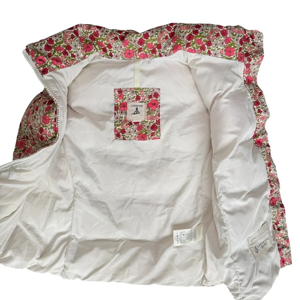 Lands End Girls Down Puffer Vest Kids Large 6X Pink Green Floral Quilted Preppy